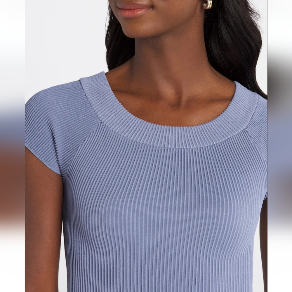 FP MOVEMENT BY FREE PEOPLE -  Ribbed Seamless Off Shoulder Blue Ribbed Top